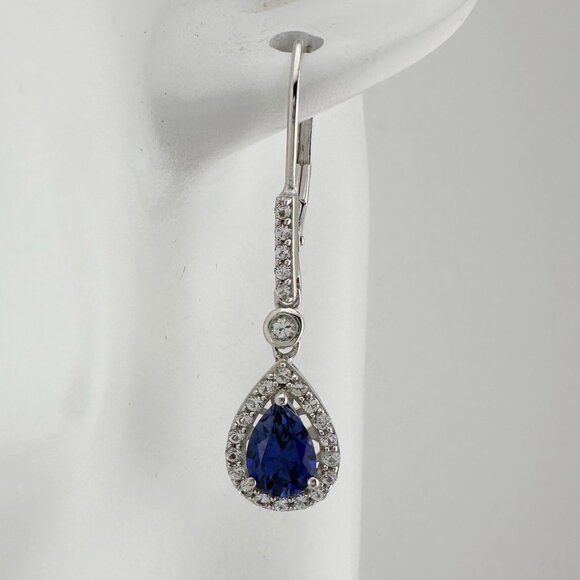 Blue and White Sapphire Tear Drop Earrings in Sterling Silver - Picture 3 of 12